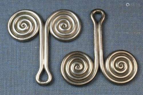 Indonesia, Sumatra, Karo Batak, pair of silver alloy spiral earrings,