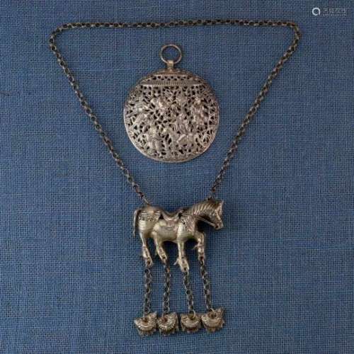 China, Miao, horse amulet chain necklace and amulet with four figures and a horsewith four stamped
