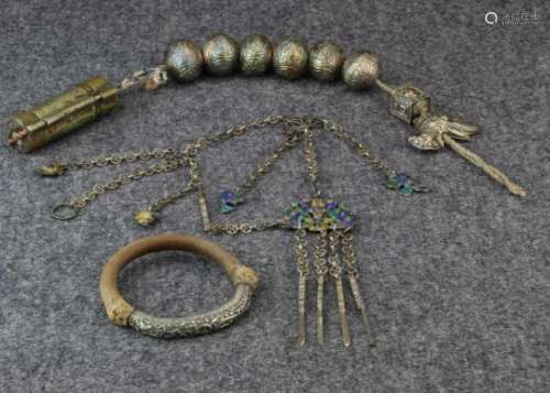 China, collection of a bracelet, chatelaine and tobacco holdera.o. decorated with enamel, bamboo and