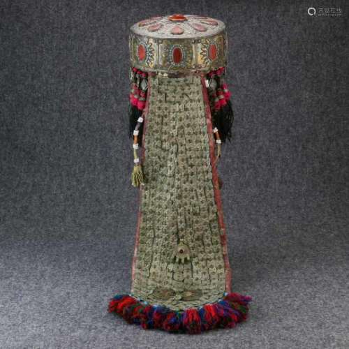 Turkmenistan, Teke, traditional hatdecorated with silver, fire gilding, carnelians, turquoise and