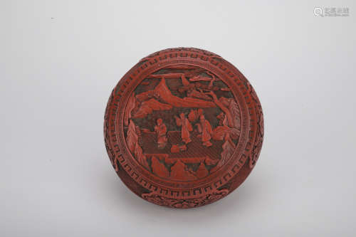 Qing dynasty carved lacquerware jewelry box with landscape  pattern