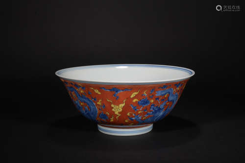 Ming dynasty blue-and-white plus color bowl with dragon pattern