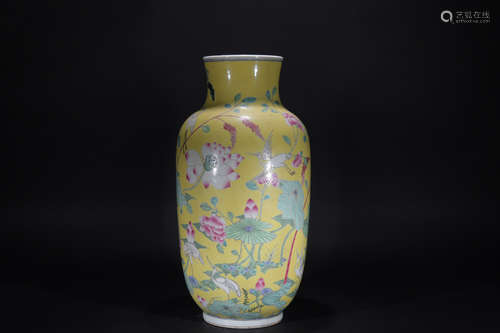 Qing dynasty pastel flower and bird vase with yellow base