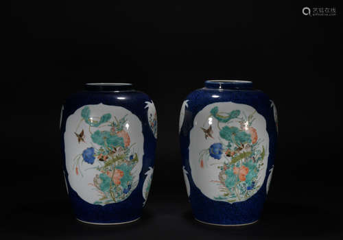 Qing dynasty blue glaze colorful jar*1 pair