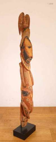 PNG, Abelam, painted wooden male ancestral figure, with two carved birds on top, elaborate beard and