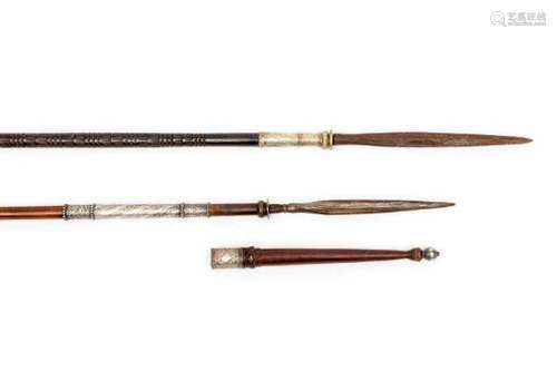 Java, two tombak spears, ca. 1900,both with fine silver sheeting with floral patterns. The hilt of