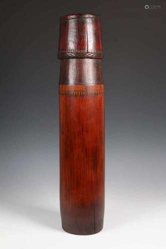 Sumatra, Batak, bamboo palm wine container with lid and decorations., h. 61 cm. [1]150