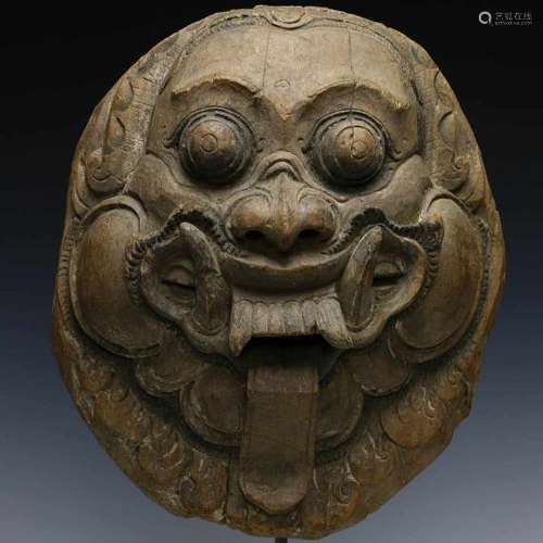 Bali, carved wooden demonic mask, probably Rangda,with remnants of pigment. Private collection,