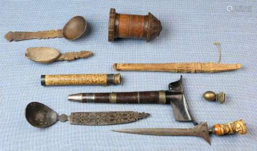 Various Indonesian objects;a.o. two Timor spoons, two bamboo containers and Sulawesi small keris, [