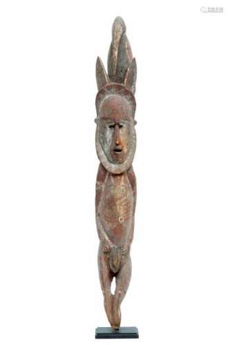 PNG, Abelam, wooden ancestral figurewith large open mouth, carved lining on face and beard and