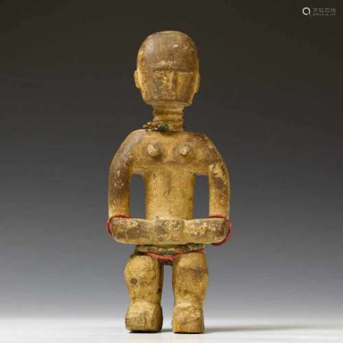 Ghana, Akan, standing female figurewith hands joined, beaded necklaces and white-brown pigments.