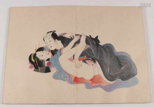 Japan, concertina shunga-album, 19e-20e eeuw,met twaalf erotische prenten in zijden omslag, 30 x