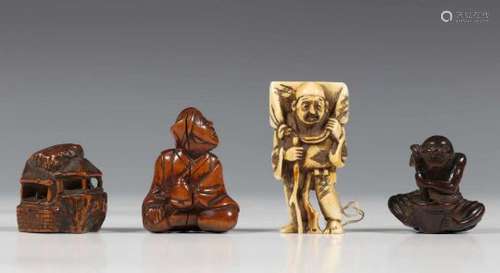 Japan, vier netsukes, Meiji periode of later,bestaande uit een ivoren netsuke van een man, twee