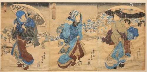 Japan, drie houtsnedes, door Utagawa Kunisada (1786-1865),Drie vrouwen in de sneeuw. Triptiek, in