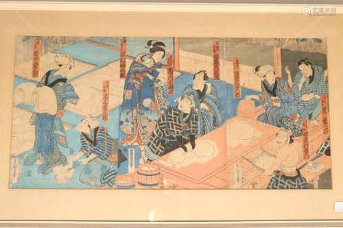 Japan, drie houtsnedes, door Utagawa Kunisada (1786-1865),Bakkers aan het werk. Triptiek, in lijst.,