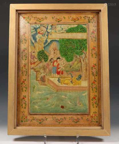 India, beschilderd houten paneel, Krishna in tuin en boekblad miniatuur van ruiters te paard en