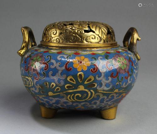 Chinese Cloisonne Tripod Hand Warmer With…