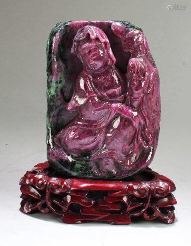 Chinese Ruby Carved Guanyin Statue