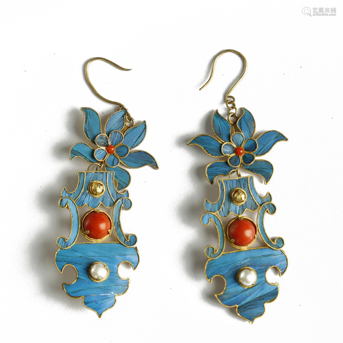 Qing Dynasty, Pair of Silver Enamel Earrings