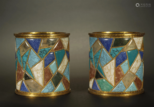 Qing, Pair of Gilt Bronze Inlaid Gemtones Pe…