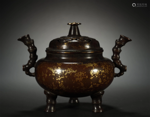 Qing Dynasty,Bonze Gold Flake Incense Burner