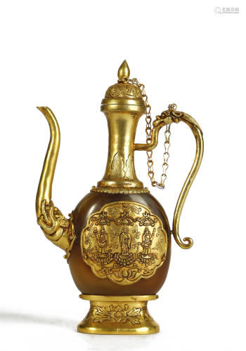 Qing Dynasty,Gilt Bronze and Agate Flagon