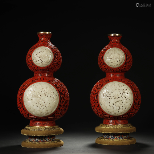 Pair of Bronze Lacquered Inlaid Jade Vase