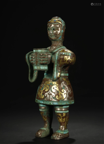 Bronze Inlaid Gold and Turquoise Figure