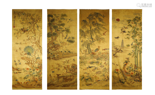 Qing Dynasty, Four Pieces of Silk Hanging Scr…