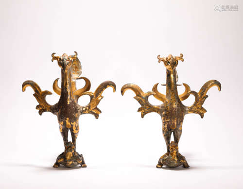 A Pair of Bronze inlaying with Gold Bird from Tang