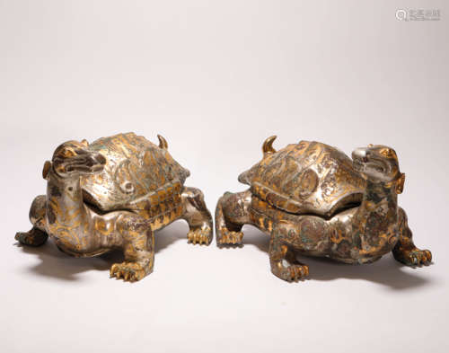 A Pair of Bronze Gold inlaying with Silver Dragon Turtle from Zhan