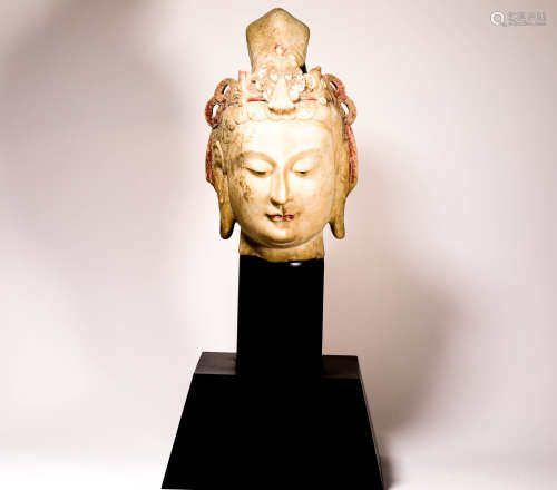 Colored White Jade Buddha Head from Tang