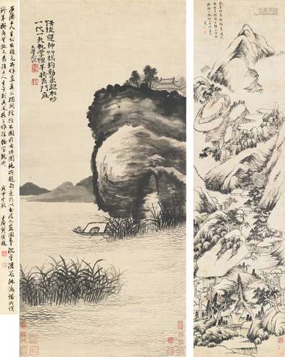 八大山人(款)、石涛(款) 山水、芦边晚泊(二件一组) 立轴 水墨 纸本