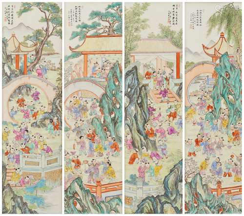 Four painted ceramic plaques of garden scenes  By Tu Jianming and Fu Taohua, 1987