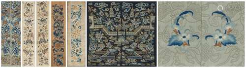 A group of seven framed embroidered fragments  19th century