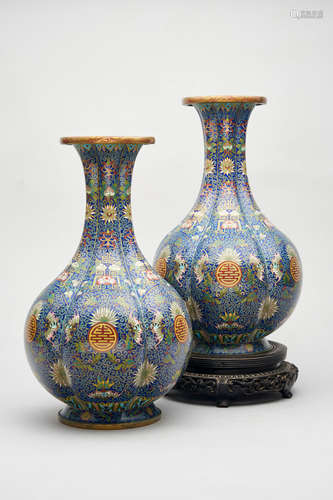 A pair of cloisonné 'longevity' six-lobed vases  20th century