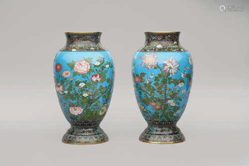 A pair of 'chrysanthemum' and 'peony' cloisonné vases  20th century