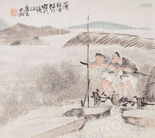 Attributed to Ren Yi (1840-1896)  Riding Water Wheel