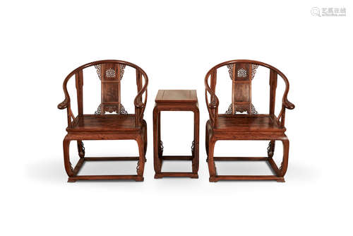 A pair of huanghuali chairs and a side table  20th century