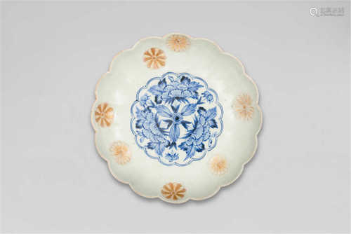 A Japanese blue and white and enamel 'floral' dish  Possibly imari, late 17th/ early 18th century