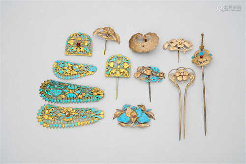 A group of 12 silver hair ornaments lined with kingfisher feather  19th century