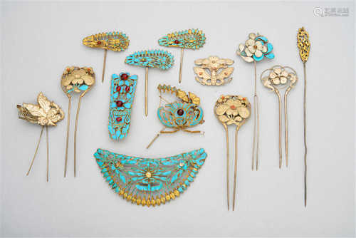 A group of 13 silver hair ornaments lined with kingfisher feather  19th century