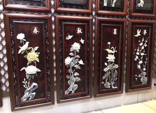 A PINE WOOD WITH JADE CARVED SCREEN