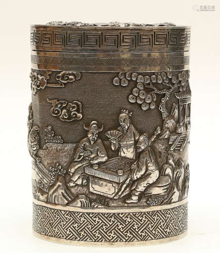 A SILVER TEA BOX CARVED WITH STORY