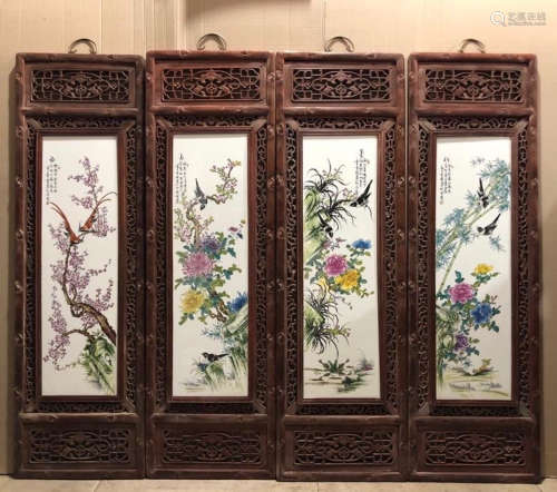 SET OF WOOD SCREEN WITH FLOWER PATTERN