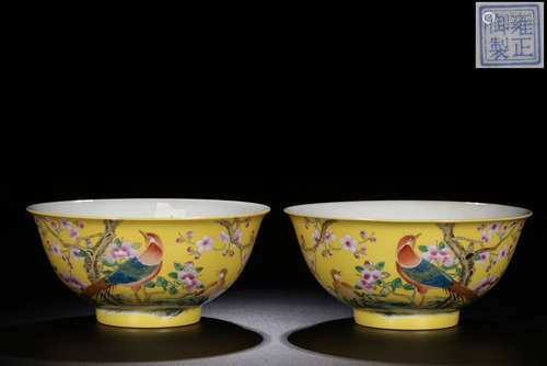 PAIR OF ENAMELED GLAZE BOWL WITH BIRD&FLOWER PATTERN