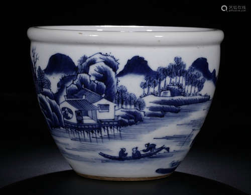 A BLUE&WHITE GLAZE BRUSH WASHER PAINTED WITH MOUNTAIN AND FIGURE