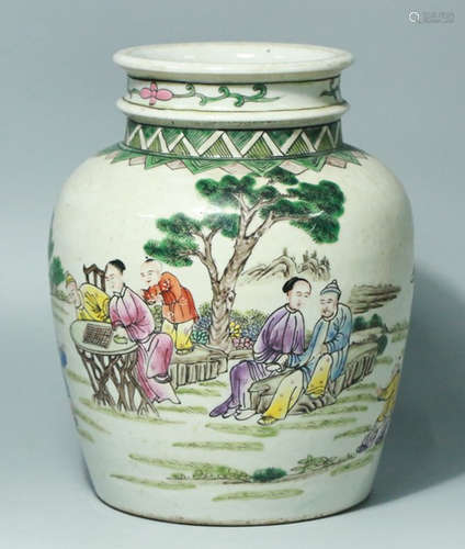 A FAMILLE ROSE GLAZE JAR PAINTED WITH STORY PATTERN