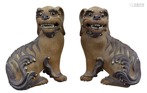 Pair of Chinese Shiwan Pottery Dogs of Fo, Guangdong Province - 19th Century