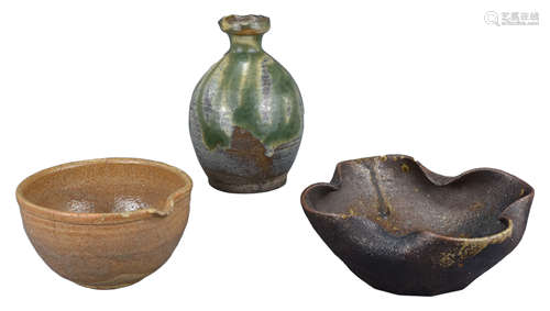 A Japanese Stoneware Bottle & Two Bowls, 18th / 19th Century & Later